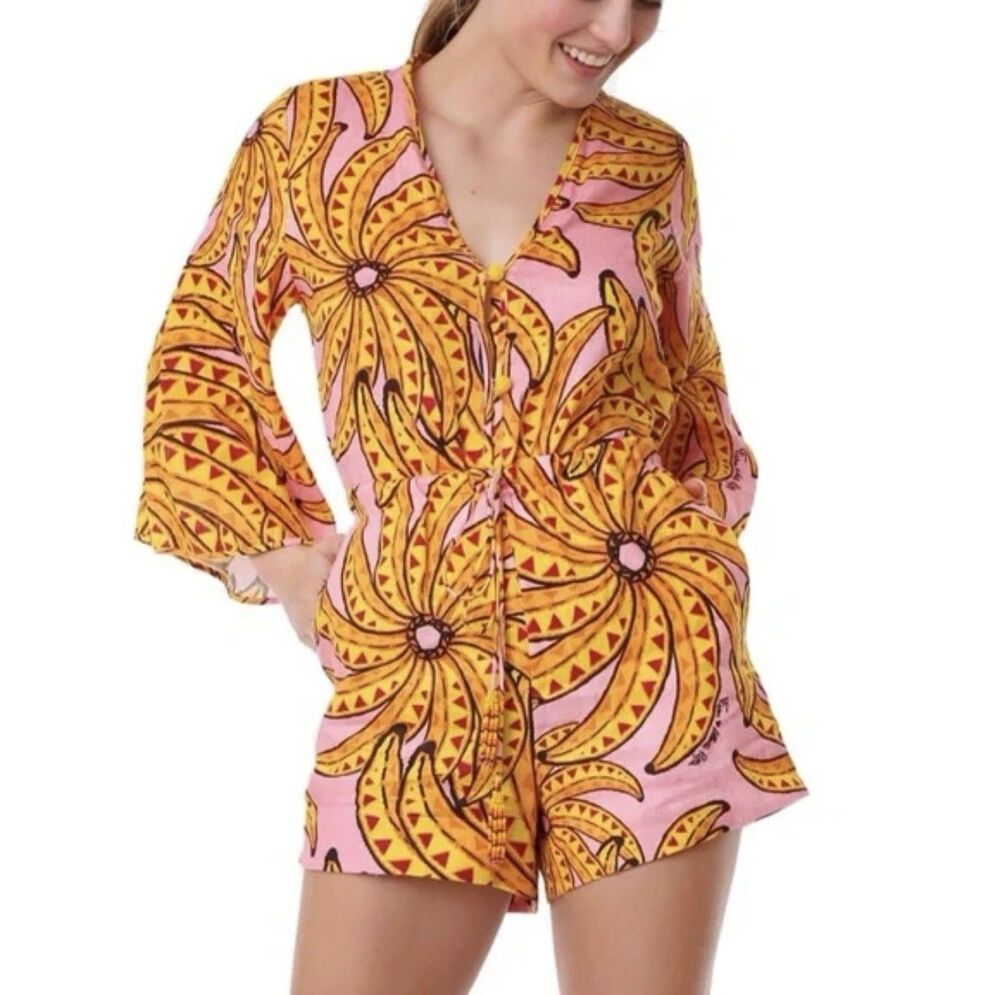 Farm Rio Banana Print Floral SZ XS Yellow Pink Linen Romper Jumpsuit Summer Fun!